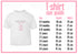 The image is a size guide for a white t-shirt, providing measurements for different age groups.